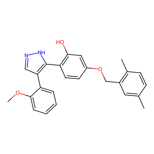 5-((2,5-dimethylbenzyl)oxy)-2-(4-(2-methoxyphenyl)-1H-pyrazol-3-yl)phenol structure