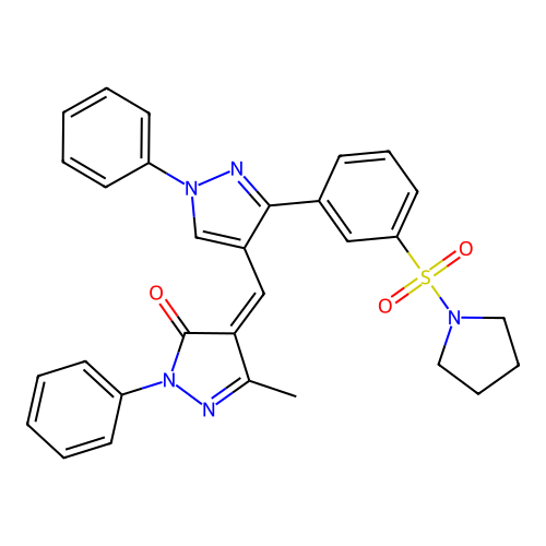 (4Z)-5-methyl-2-phenyl-4-({1-phenyl-3-[3-(pyrrolidin-1-ylsulfonyl)phenyl]-1H-pyrazol-4-yl}methylidene)-2,4-dihydro-3H-pyrazol-3-one structure
