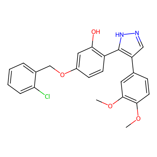 5-((2-chlorobenzyl)oxy)-2-(4-(3,4-dimethoxyphenyl)-1H-pyrazol-3-yl)phenol structure