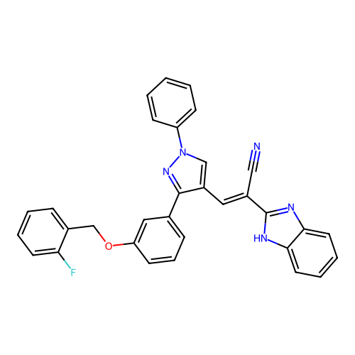 (E)-2-(1H-benzimidazol-2-yl)-3-[3-[3-[(2-fluorophenyl)methoxy]phenyl]-1-phenylpyrazol-4-yl]prop-2-enenitrile structure