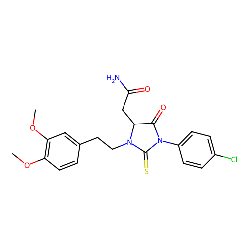 2-{1-(4-chlorophenyl)-3-[2-(3,4-dimethoxyphenyl)ethyl]-5-oxo-2-thioxoimidazolidin-4-yl}acetamide structure