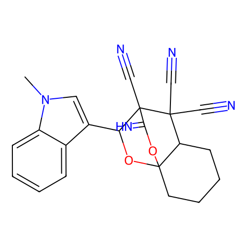 2-imino-10-(1-methyl-1H-indol-3-yl)hexahydro-8a,3-(epoxymethano)chromene-3,4,4(4aH)-tricarbonitrile structure