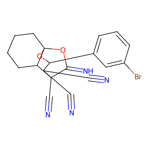 2-(3-bromophenyl)-10-iminohexahydro-8a,4-(epoxymethano)chromene-3,3,4(2H)-tricarbonitrile structure