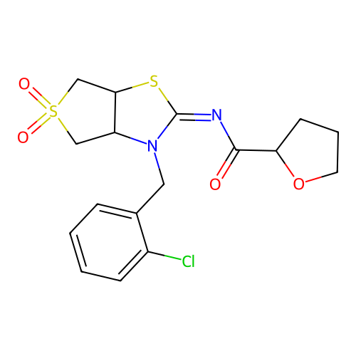 (Z)-N-(3-(2-chlorobenzyl)-5,5-dioxidotetrahydrothieno[3,4-d]thiazol-2(3H)-ylidene)tetrahydrofuran-2-carboxamide structure