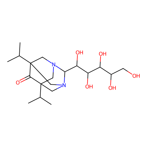 (1R,5R)-5,7-diisopropyl-2-(1,2,3,4,5-pentahydroxypentyl)-1,3-diazaadamantan-6-one structure