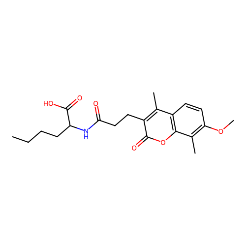 2-(3-(7-methoxy-4,8-dimethyl-2-oxo-2H-chromen-3-yl)propanamido)hexanoic acid structure