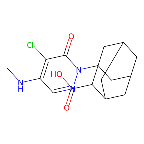 1-[5-chloro-4-(methylamino)-6-oxopyridazin-1(6H)-yl]tricyclo[3.3.1.1~3,7~]decane-2-carboxylic acid structure