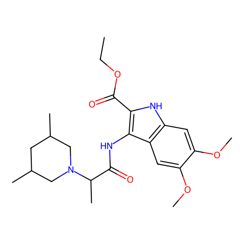 ethyl 3-(2-(3,5-dimethylpiperidin-1-yl)propanamido)-5,6-dimethoxy-1H-indole-2-carboxylate structure