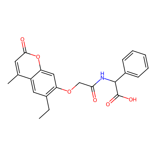 2-(2-((6-ethyl-4-methyl-2-oxo-2H-chromen-7-yl)oxy)acetamido)-2-phenylacetic acid structure