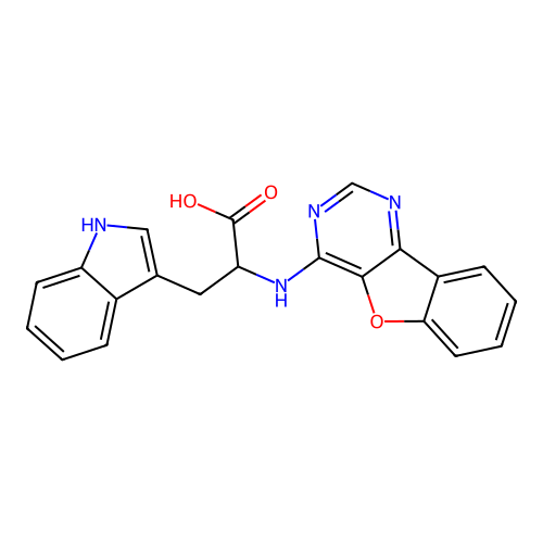 2-(benzofuro[3,2-d]pyrimidin-4-ylamino)-3-(1H-indol-3-yl)propanoic acid structure