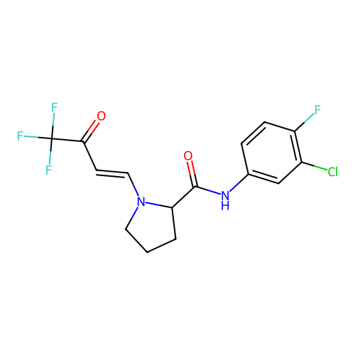 N-(3-chloro-4-fluorophenyl)-1-[(E)-4,4,4-trifluoro-3-oxobut-1-enyl]pyrrolidine-2-carboxamide structure
