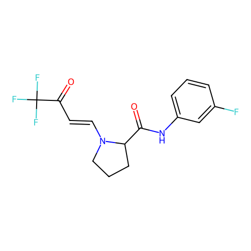 (E)-N-(3-fluorophenyl)-1-(4,4,4-trifluoro-3-oxobut-1-en-1-yl)pyrrolidine-2-carboxamide structure