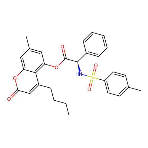 (4-butyl-7-methyl-2-oxochromen-5-yl) (2R)-2-[(4-methylphenyl)sulfonylamino]-2-phenylacetate structure