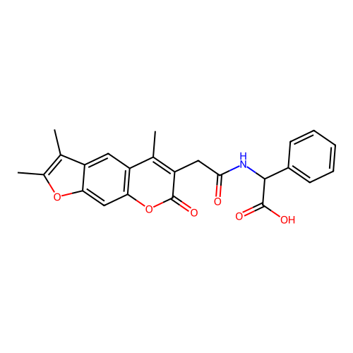 2-phenyl-2-(2-(2,3,5-trimethyl-7-oxo-7H-furo[3,2-g]chromen-6-yl)acetamido)acetic acid structure