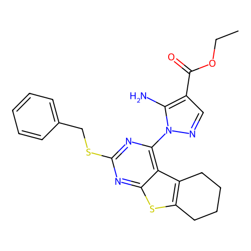 ethyl 5-amino-1-(2-(benzylthio)-5,6,7,8-tetrahydrobenzo[4,5]thieno[2,3-d]pyrimidin-4-yl)-1H-pyrazole-4-carboxylate structure