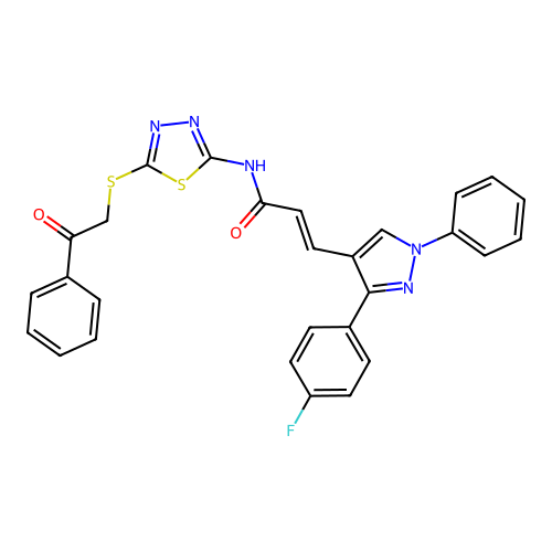 (2E)-3-[3-(4-fluorophenyl)-1-phenyl-1H-pyrazol-4-yl]-N-[(2Z)-5-[(2-oxo-2-phenylethyl)sulfanyl]-1,3,4-thiadiazol-2(3H)-ylidene]prop-2-enamide structure
