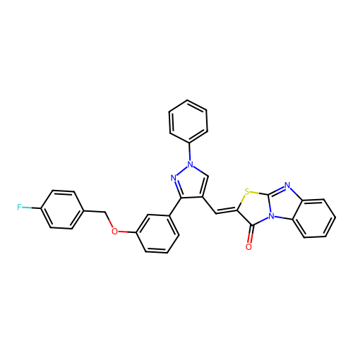 (2Z)-2-[(3-{3-[(4-fluorobenzyl)oxy]phenyl}-1-phenyl-1H-pyrazol-4-yl)methylidene][1,3]thiazolo[3,2-a]benzimidazol-3(2H)-one structure