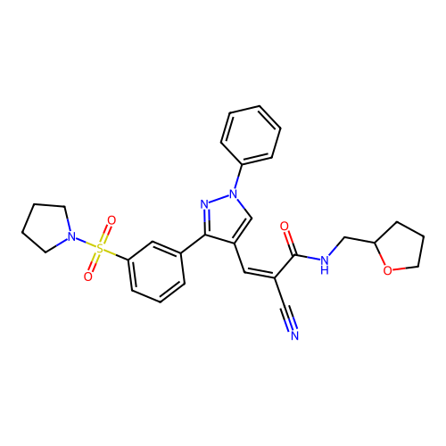 (2Z)-2-cyano-3-{1-phenyl-3-[3-(pyrrolidin-1-ylsulfonyl)phenyl]-1H-pyrazol-4-yl}-N-(tetrahydrofuran-2-ylmethyl)prop-2-enamide structure