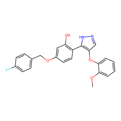 5-((4-fluorobenzyl)oxy)-2-(4-(2-methoxyphenoxy)-1H-pyrazol-3-yl)phenol structure