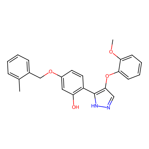 2-(4-(2-methoxyphenoxy)-1H-pyrazol-3-yl)-5-((2-methylbenzyl)oxy)phenol structure