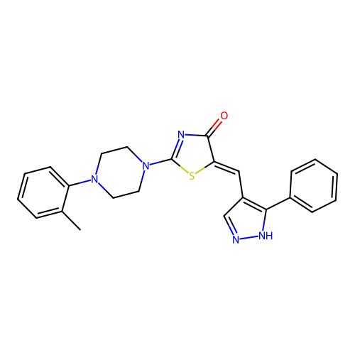 (5Z)-2-[4-(2-methylphenyl)piperazin-1-yl]-5-[(3-phenyl-1H-pyrazol-4-yl)methylidene]-1,3-thiazol-4(5H)-one structure
