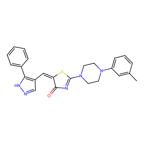 (5E)-2-[4-(3-methylphenyl)piperazin-1-yl]-5-[(5-phenyl-1H-pyrazol-4-yl)methylidene]-1,3-thiazol-4(5H)-one structure