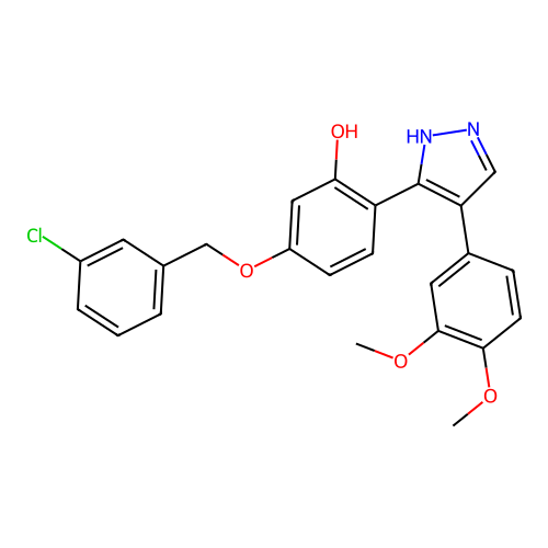 5-((3-chlorobenzyl)oxy)-2-(4-(3,4-dimethoxyphenyl)-1H-pyrazol-3-yl)phenol structure
