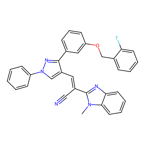 (E)-3-(3-(3-((2-fluorobenzyl)oxy)phenyl)-1-phenyl-1H-pyrazol-4-yl)-2-(1-methyl-1H-benzo[d]imidazol-2-yl)acrylonitrile structure