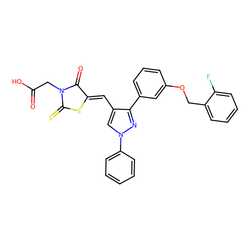{(5Z)-5-[(3-{3-[(2-fluorobenzyl)oxy]phenyl}-1-phenyl-1H-pyrazol-4-yl)methylidene]-4-oxo-2-thioxo-1,3-thiazolidin-3-yl}acetic acid structure