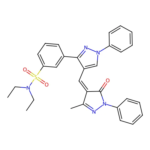 N,N-二乙基-3-[4-[(Z)-(3-甲基-5-氧代-1-苯基吡唑-4-亚基)甲基]-1-苯基吡唑-3-基]苯磺酰胺 structure