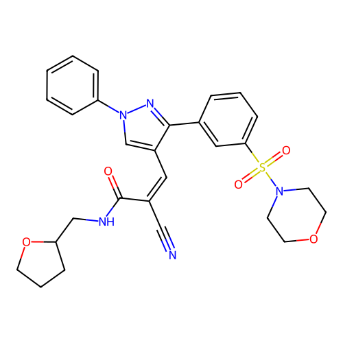 (Z)-2-cyano-3-(3-(3-(morpholinosulfonyl)phenyl)-1-phenyl-1H-pyrazol-4-yl)-N-((tetrahydrofuran-2-yl)methyl)acrylamide structure