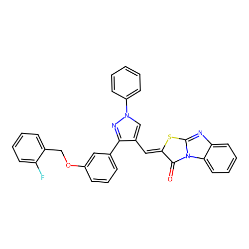 (2Z)-2-[(3-{3-[(2-fluorobenzyl)oxy]phenyl}-1-phenyl-1H-pyrazol-4-yl)methylidene][1,3]thiazolo[3,2-a]benzimidazol-3(2H)-one structure