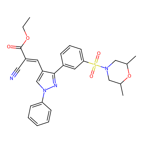 (E)-ethyl 2-cyano-3-(3-(3-((2,6-dimethylmorpholino)sulfonyl)phenyl)-1-phenyl-1H-pyrazol-4-yl)acrylate structure