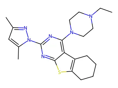 2-(3,5-dimethyl-1H-pyrazol-1-yl)-4-(4-ethylpiperazin-1-yl)-5,6,7,8-tetrahydro[1]benzothieno[2,3-d]pyrimidine structure