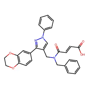 (E)-4-[benzyl-[[3-(2,3-dihydro-1,4-benzodioxin-6-yl)-1-phenylpyrazol-4-yl]methyl]amino]-4-oxobut-2-enoic acid structure