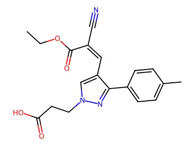 (Z)-3-(4-(2-cyano-3-ethoxy-3-oxoprop-1-en-1-yl)-3-(p-tolyl)-1H-pyrazol-1-yl)propanoic acid structure
