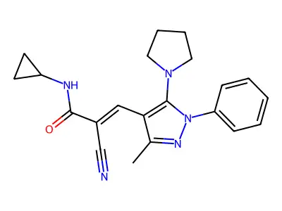 (E)-2-cyano-N-cyclopropyl-3-(3-methyl-1-phenyl-5-pyrrolidin-1-ylpyrazol-4-yl)prop-2-enamide structure
