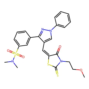 3-(4-{(Z)-[3-(2-methoxyethyl)-4-oxo-2-thioxo-1,3-thiazolidin-5-ylidene]methyl}-1-phenyl-1H-pyrazol-3-yl)-N,N-dimethylbenzenesulfonamide structure