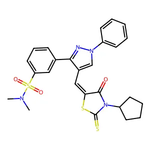 3-{4-[(Z)-(3-cyclopentyl-4-oxo-2-thioxo-1,3-thiazolidin-5-ylidene)methyl]-1-phenyl-1H-pyrazol-3-yl}-N,N-dimethylbenzenesulfonamide structure