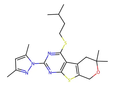 5-(3,5-Dimethylpyrazol-1-yl)-12,12-dimethyl-3-(3-methylbutylsulfanyl)-11-oxa-8-thia-4,6-diazatricyclo[7.4.0.02,7]trideca-1(9),2(7),3,5-tetraene structure