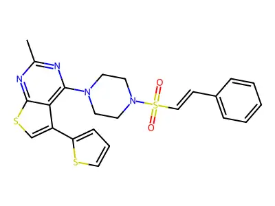 1-[2-methyl-5-(thiophen-2-yl)thieno[2,3-d]pyrimidin-4-yl]-4-(2-phenylethenesulfonyl)piperazine structure
