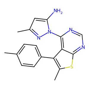 3-methyl-1-(6-methyl-5-(p-tolyl)thieno[2,3-d]pyrimidin-4-yl)-1H-pyrazol-5-amine structure