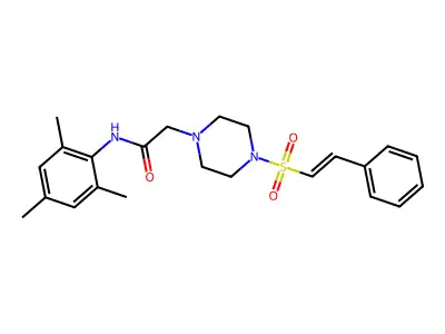 2-[4-[(E)-2-phenylethenyl]sulfonylpiperazin-1-yl]-N-(2,4,6-trimethylphenyl)acetamide structure