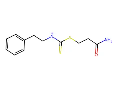 3-{[(2-Phenylethyl)amino]thioxomethylthio}propanamide structure