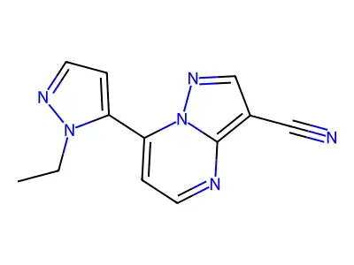 7-(1-ethyl-1H-pyrazol-5-yl)pyrazolo[1,5-a]pyrimidine-3-carbonitrile structure