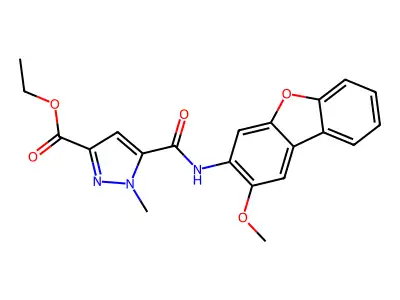 ethyl 5-{[(2-methoxydibenzo[b,d]furan-3-yl)amino]carbonyl}-1-methyl-1H-pyrazole-3-carboxylate structure