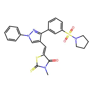 (5Z)-3-methyl-5-({1-phenyl-3-[3-(pyrrolidin-1-ylsulfonyl)phenyl]-1H-pyrazol-4-yl}methylidene)-2-thioxo-1,3-thiazolidin-4-one structure