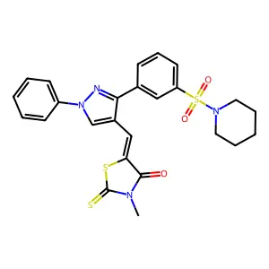 (5Z)-3-methyl-5-({1-phenyl-3-[3-(piperidin-1-ylsulfonyl)phenyl]-1H-pyrazol-4-yl}methylidene)-2-thioxo-1,3-thiazolidin-4-one structure