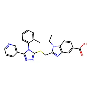 1-ethyl-2-[[4-(2-methylphenyl)-5-pyridin-3-yl-1,2,4-triazol-3-yl]sulfanylmethyl]benzimidazole-5-carboxylic acid;hydrochloride structure