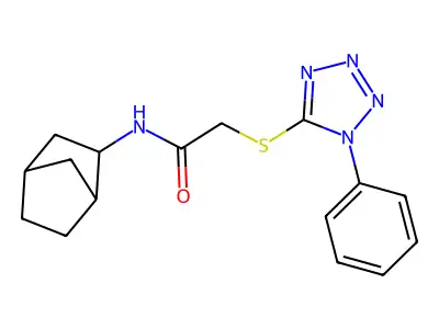 N-(3-bicyclo[2.2.1]heptanyl)-2-(1-phenyltetrazol-5-yl)sulfanylacetamide structure